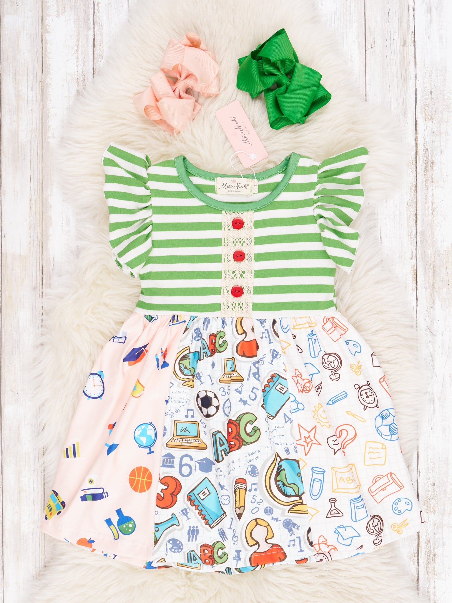 Green Striped ABC Ruffle Dress - Marie Nicole Clothing