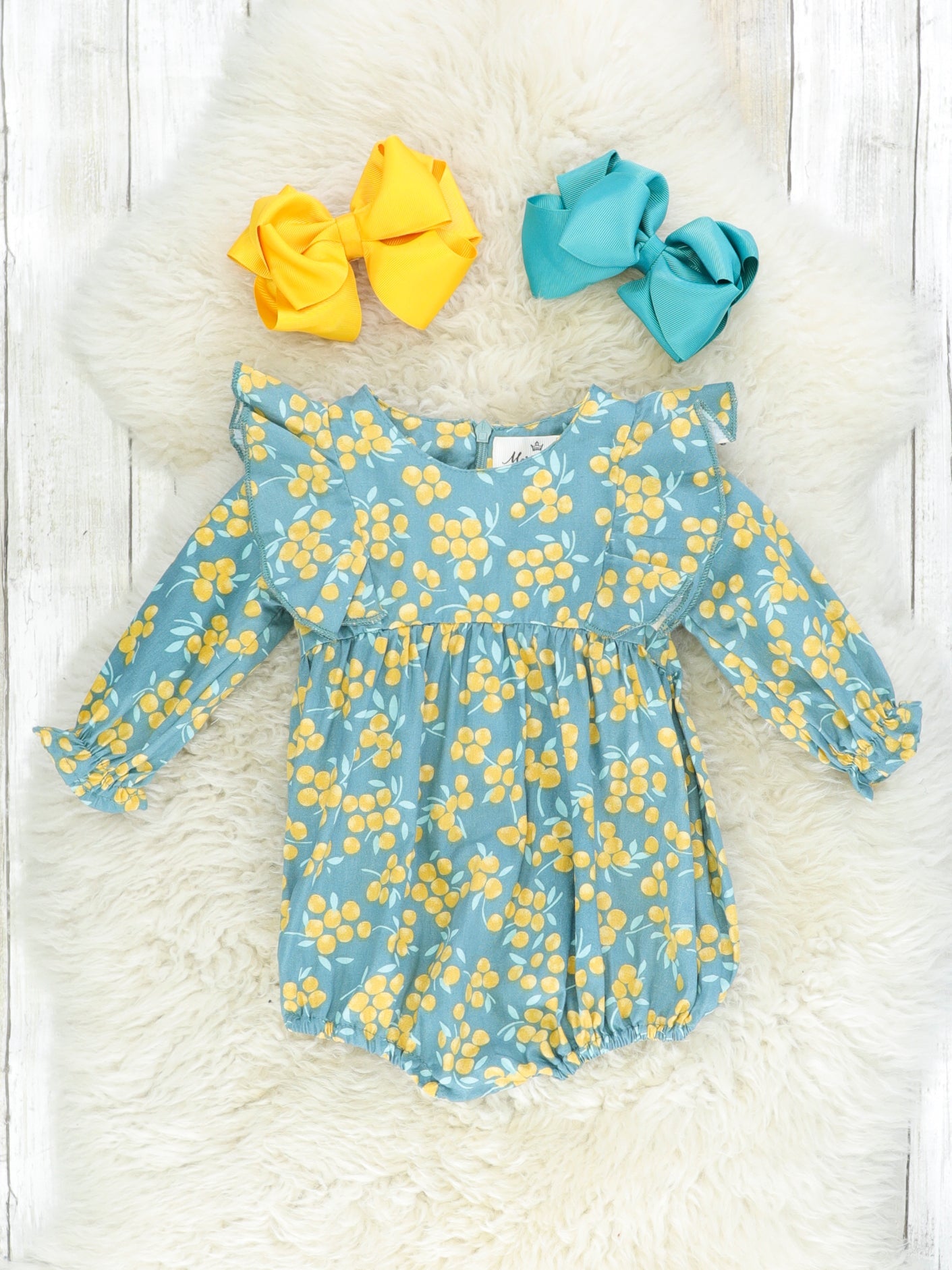 Frost Blue & Mustard Ruffle Romper - Marie Nicole Clothing