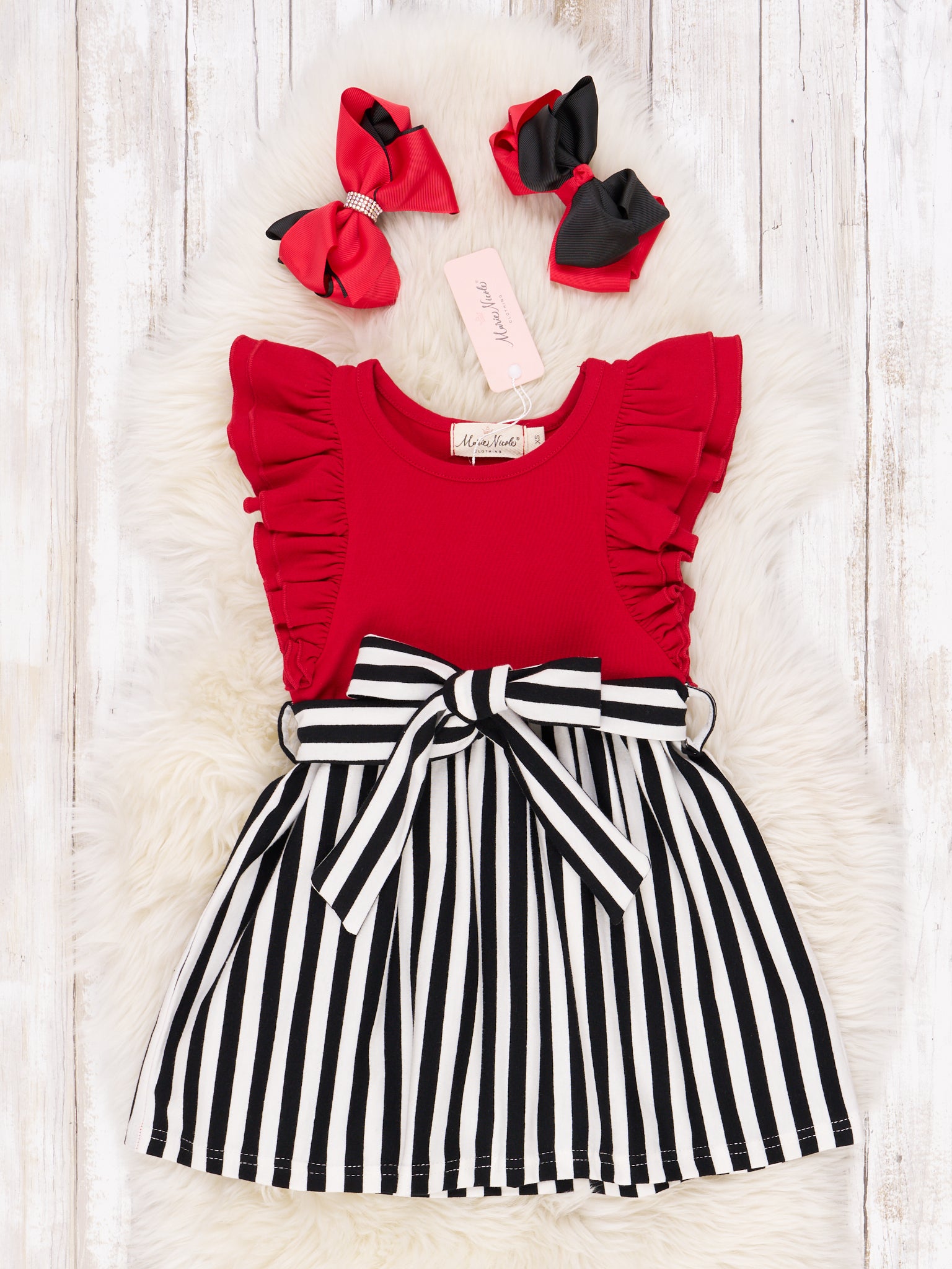 Red & Black Striped Ruffle Dress - Marie Nicole Clothing