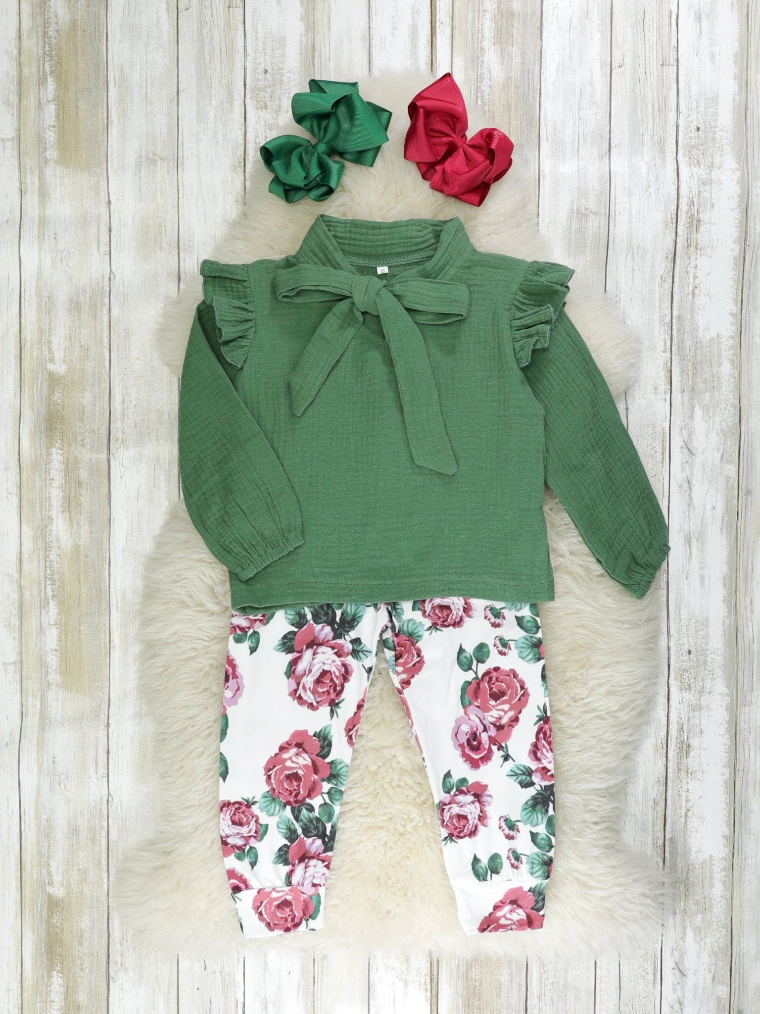 Green Bow Ruffle Top & Floral Joggers Outfit - Marie Nicole Clothing