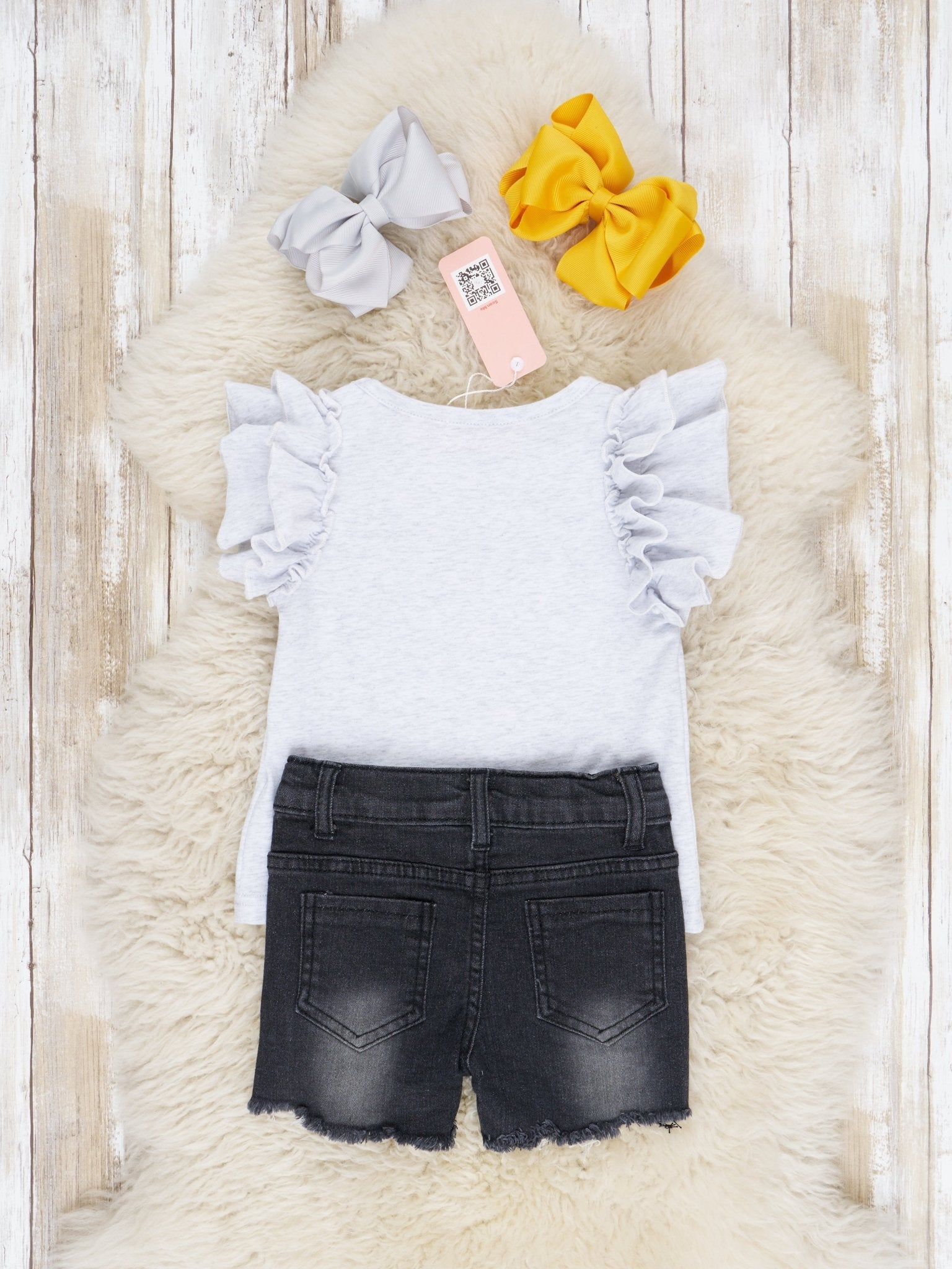 "Kind" Bee Ruffle Top & Denim Shorts Outfit - Marie Nicole Clothing