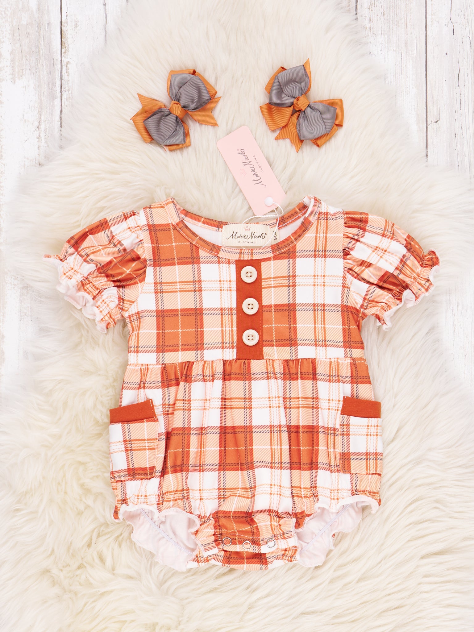 Burnt Orange Plaid Ruffle Bubble Romper - Marie Nicole Clothing