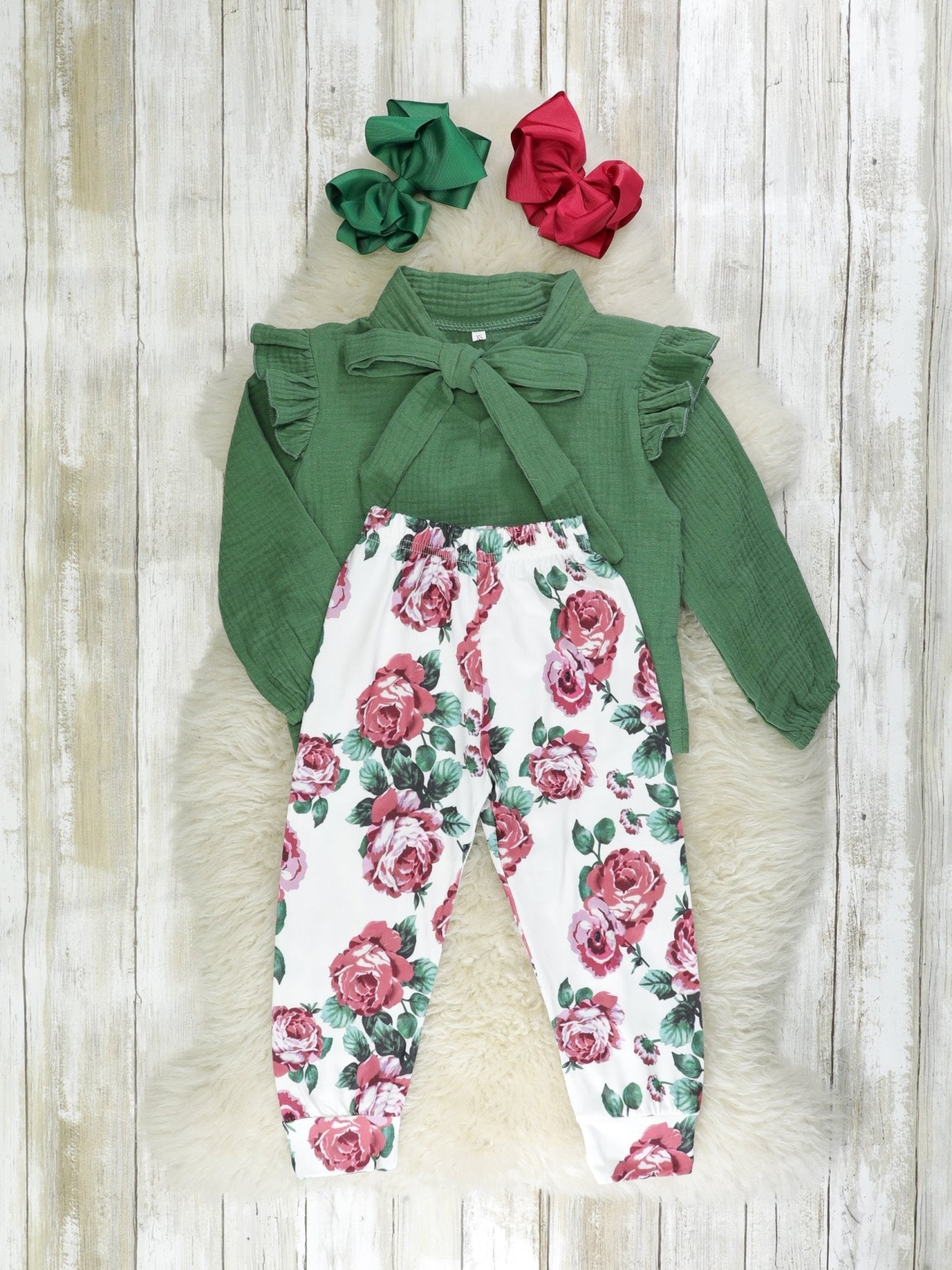 Green Bow Ruffle Top & Floral Joggers Outfit - Marie Nicole Clothing