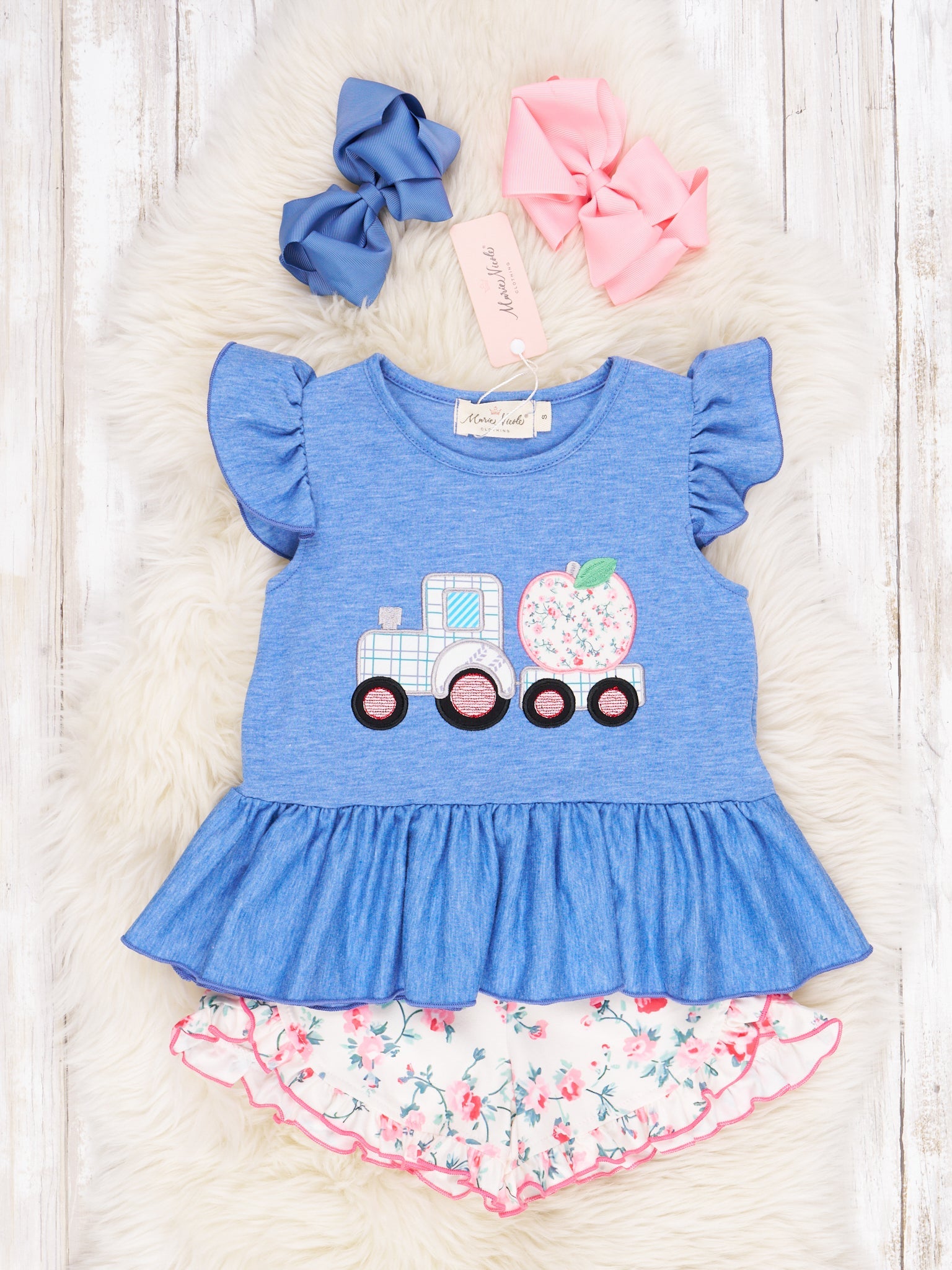 Floral Apple Tractor Ruffle Outfit - Marie Nicole Clothing