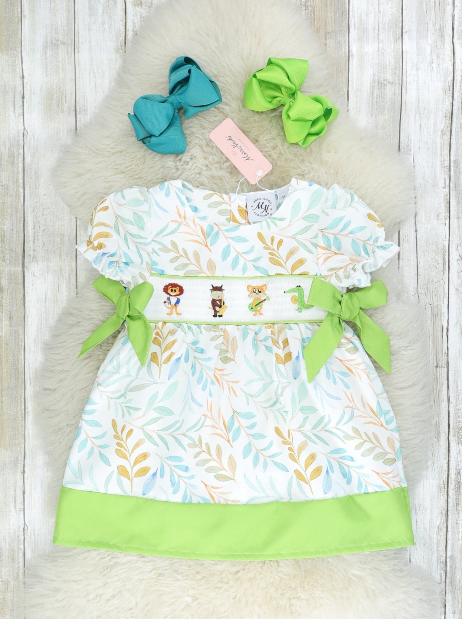 Jazzy Zoo Friends Smocked Bow Dress - Marie Nicole Clothing