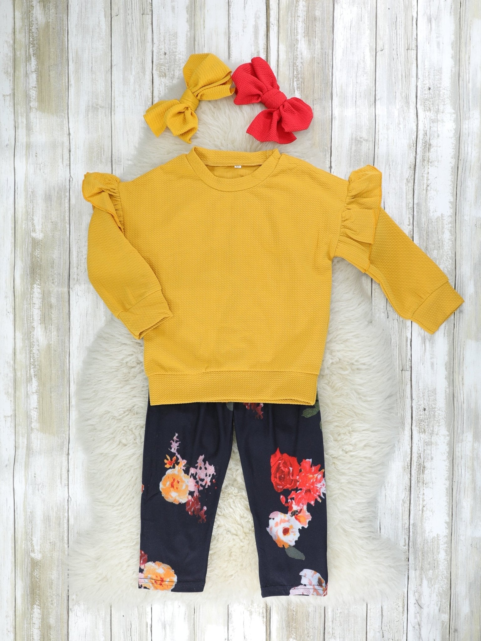 Mustard Ruffle Top & Floral Pants Outfit - Marie Nicole Clothing