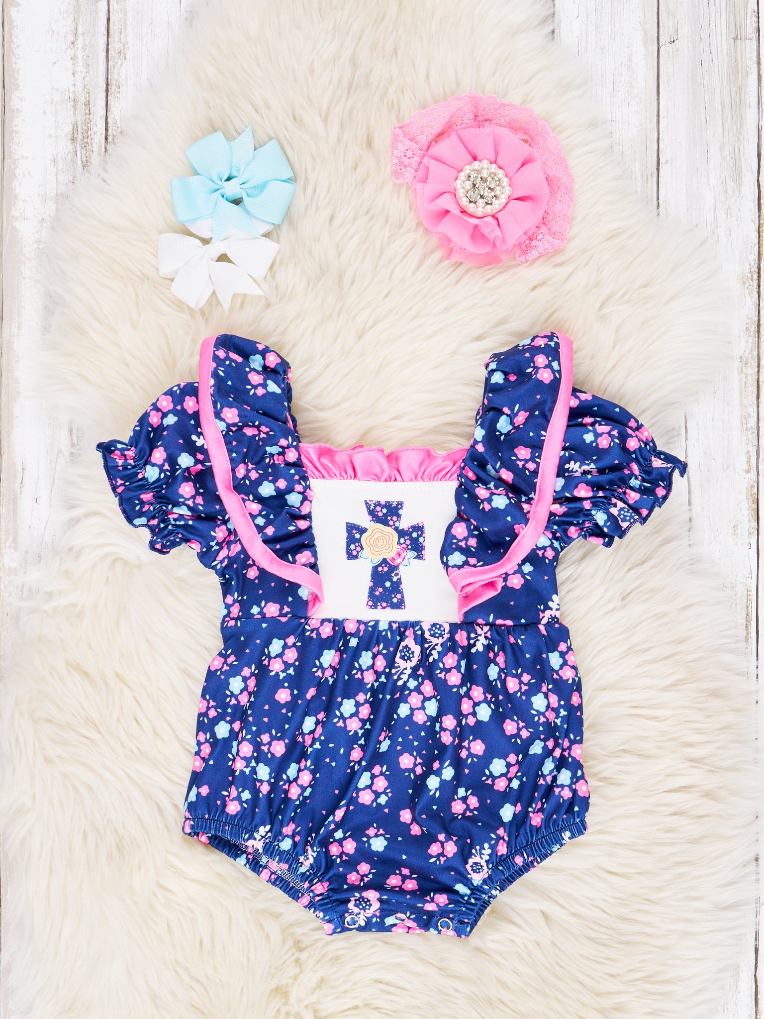 Navy Floral Cross Ruffle Romper - Marie Nicole Clothing