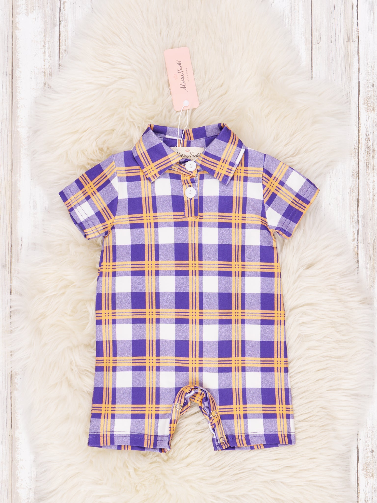 Purple & Gold Plaid Polo Romper - Marie Nicole Clothing