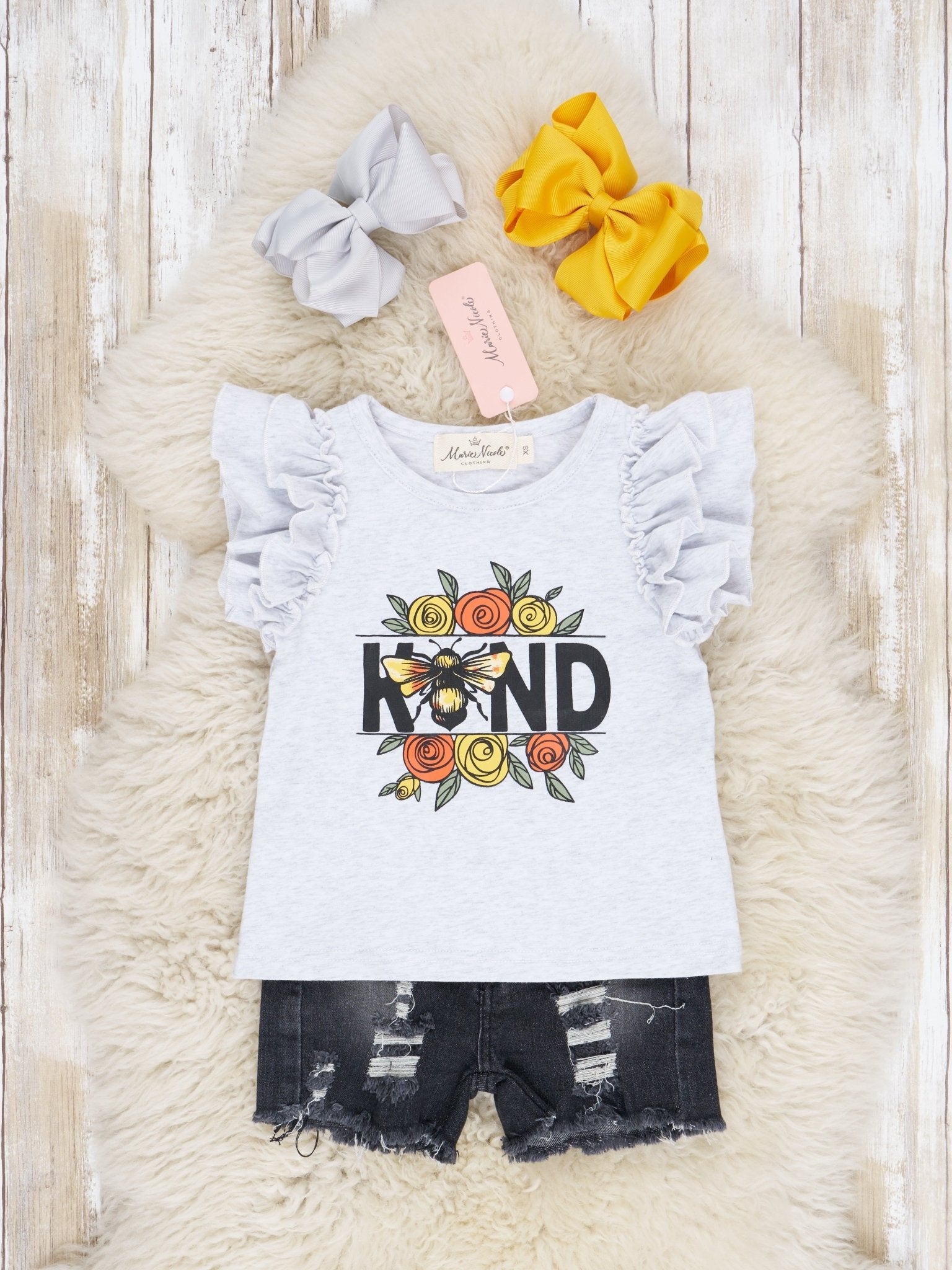 "Kind" Bee Ruffle Top & Denim Shorts Outfit - Marie Nicole Clothing