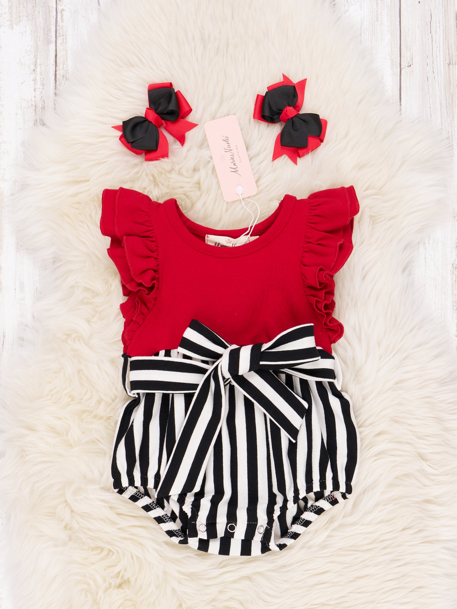 Red & Black Striped Ruffle Romper - Marie Nicole Clothing