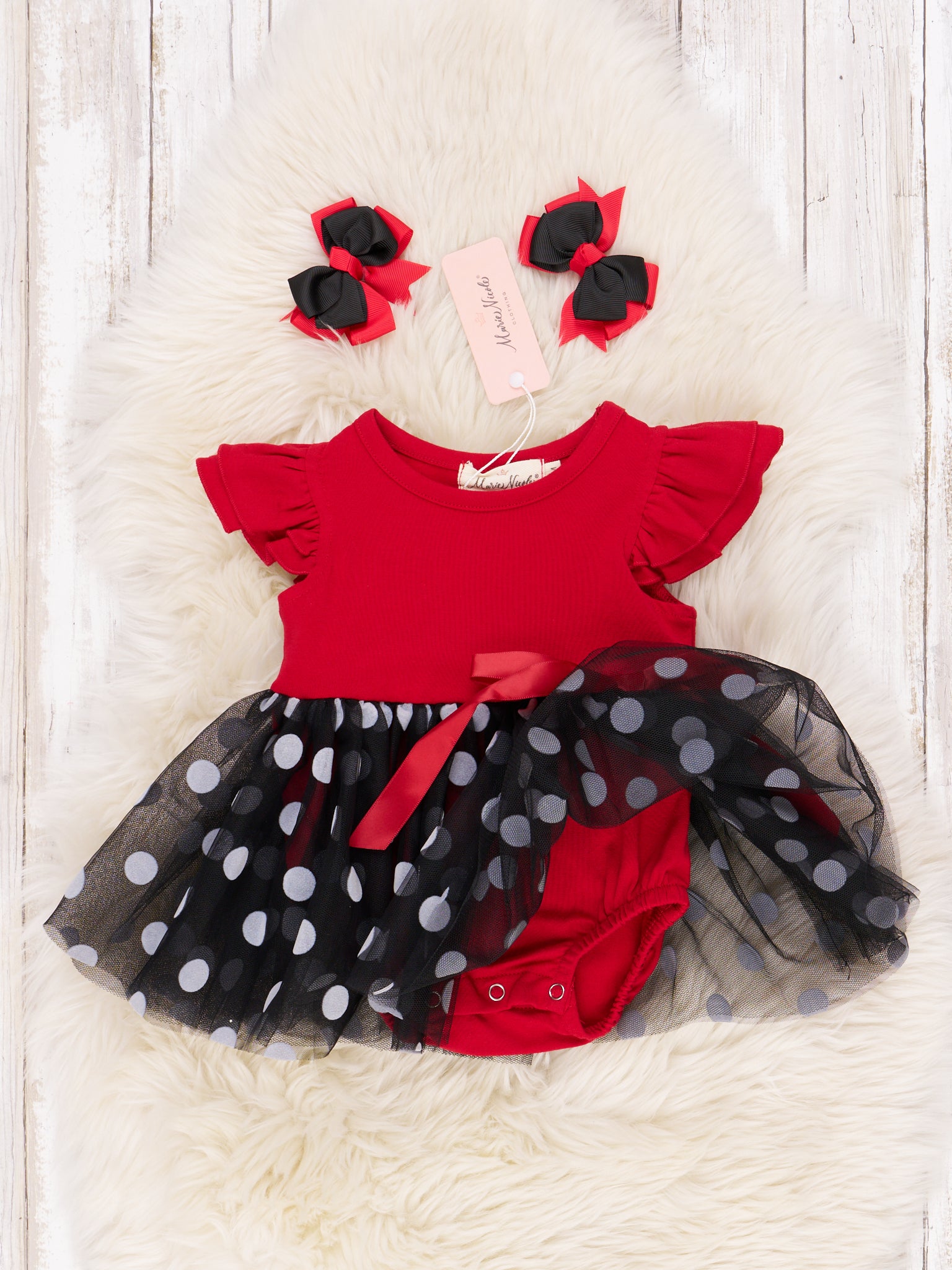 Red & Black Polka Dot Tulle Dressy Romper - Marie Nicole Clothing