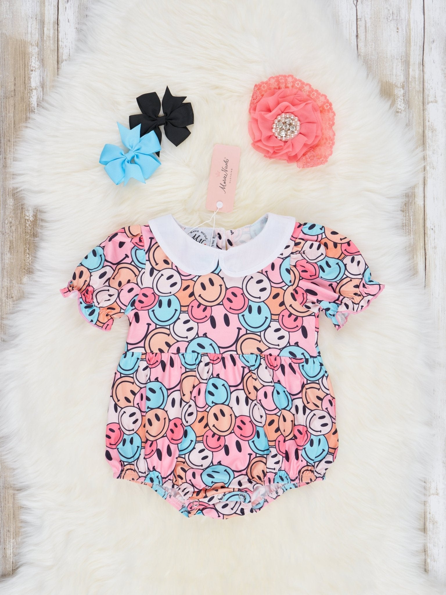 Bright Smiley Ruffle Bubble Romper - Marie Nicole Clothing