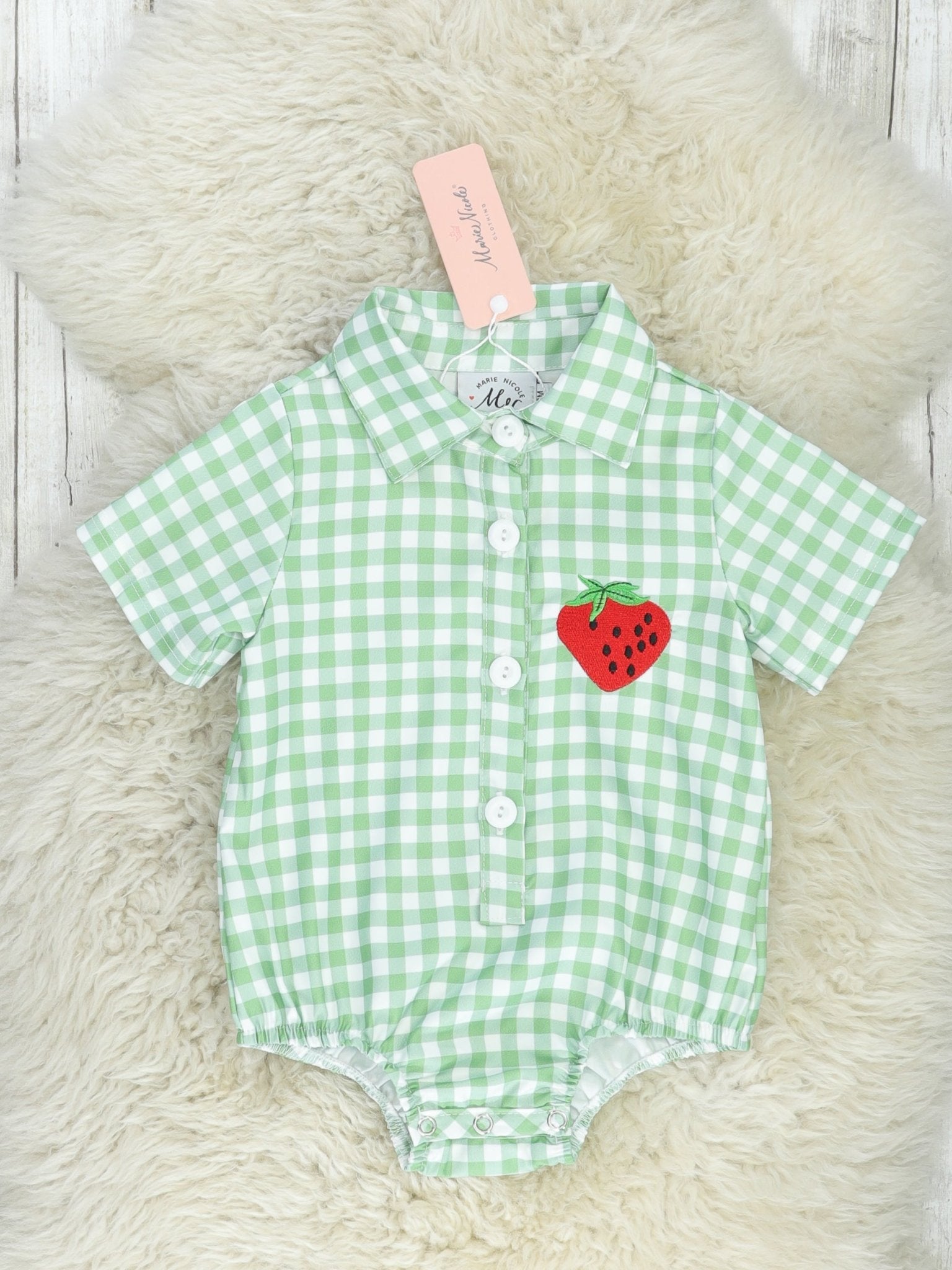 Green Gingham Strawberry Polo Romper - Marie Nicole Clothing