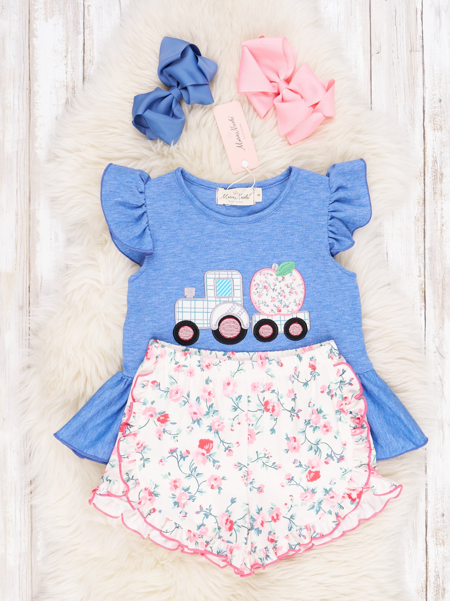 Floral Apple Tractor Ruffle Outfit - Marie Nicole Clothing