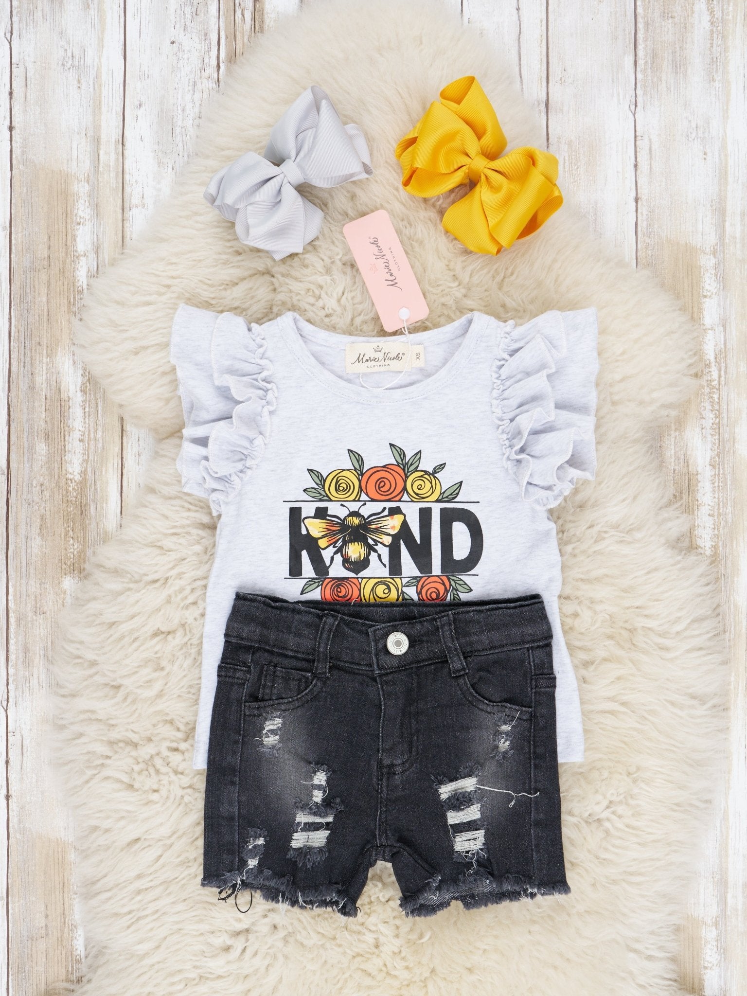"Kind" Bee Ruffle Top & Denim Shorts Outfit - Marie Nicole Clothing