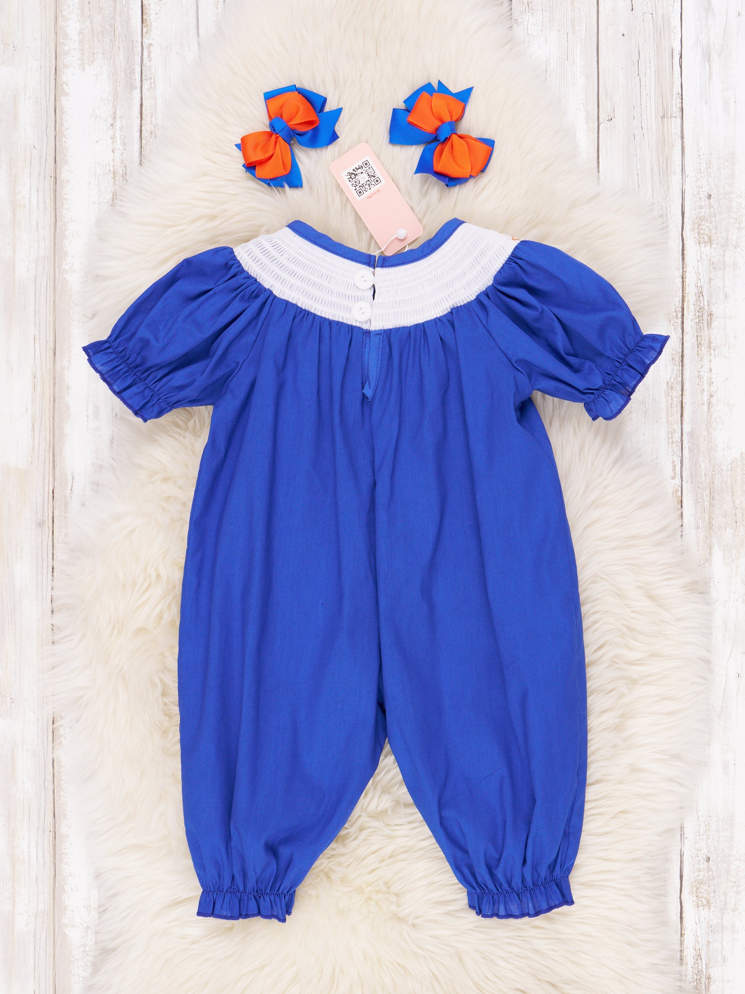Blue & Orange Smocked Gingham Ruffle Romper - Marie Nicole Clothing