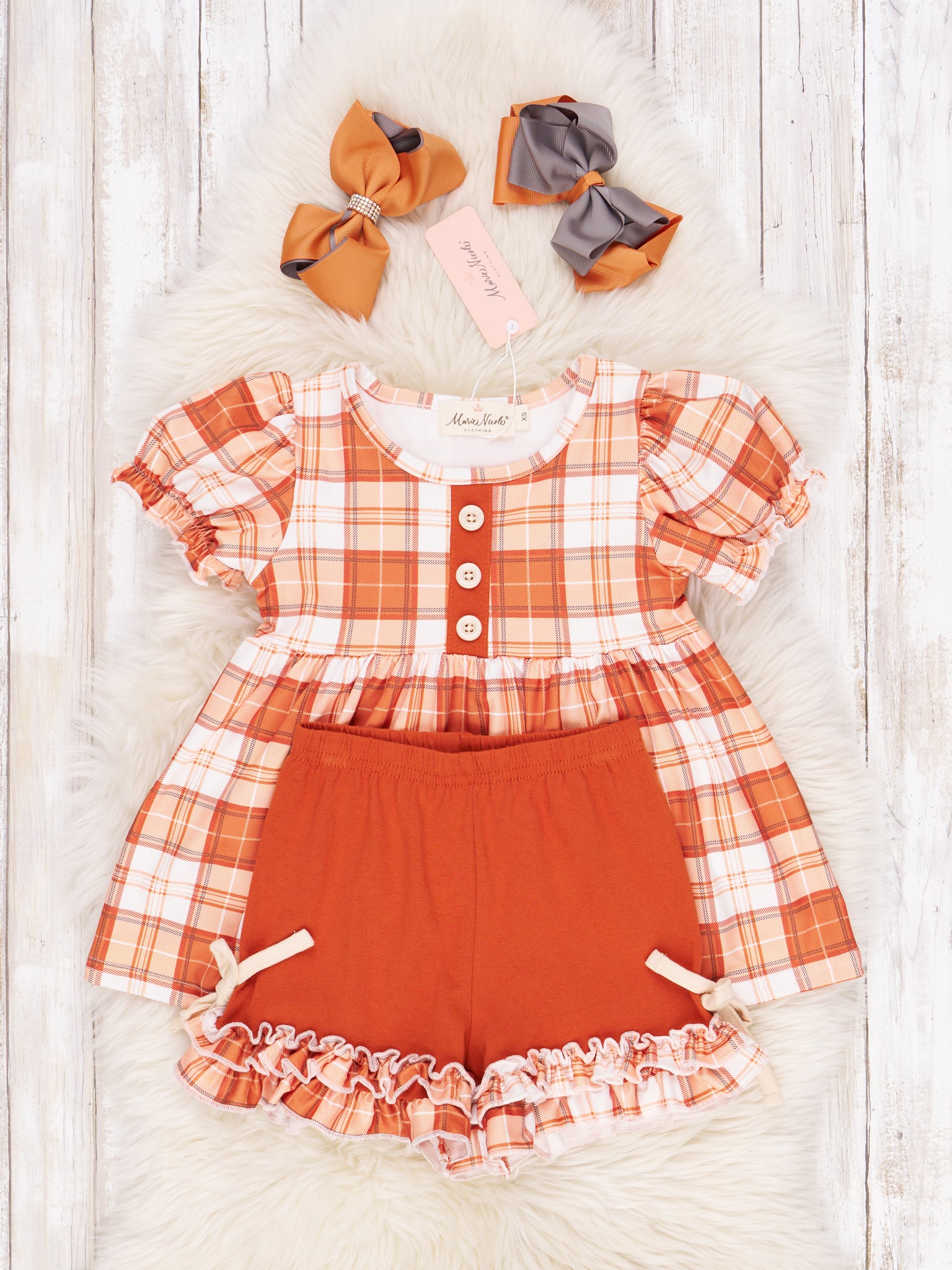 Burnt Orange Plaid Ruffle Outfit - Marie Nicole Clothing