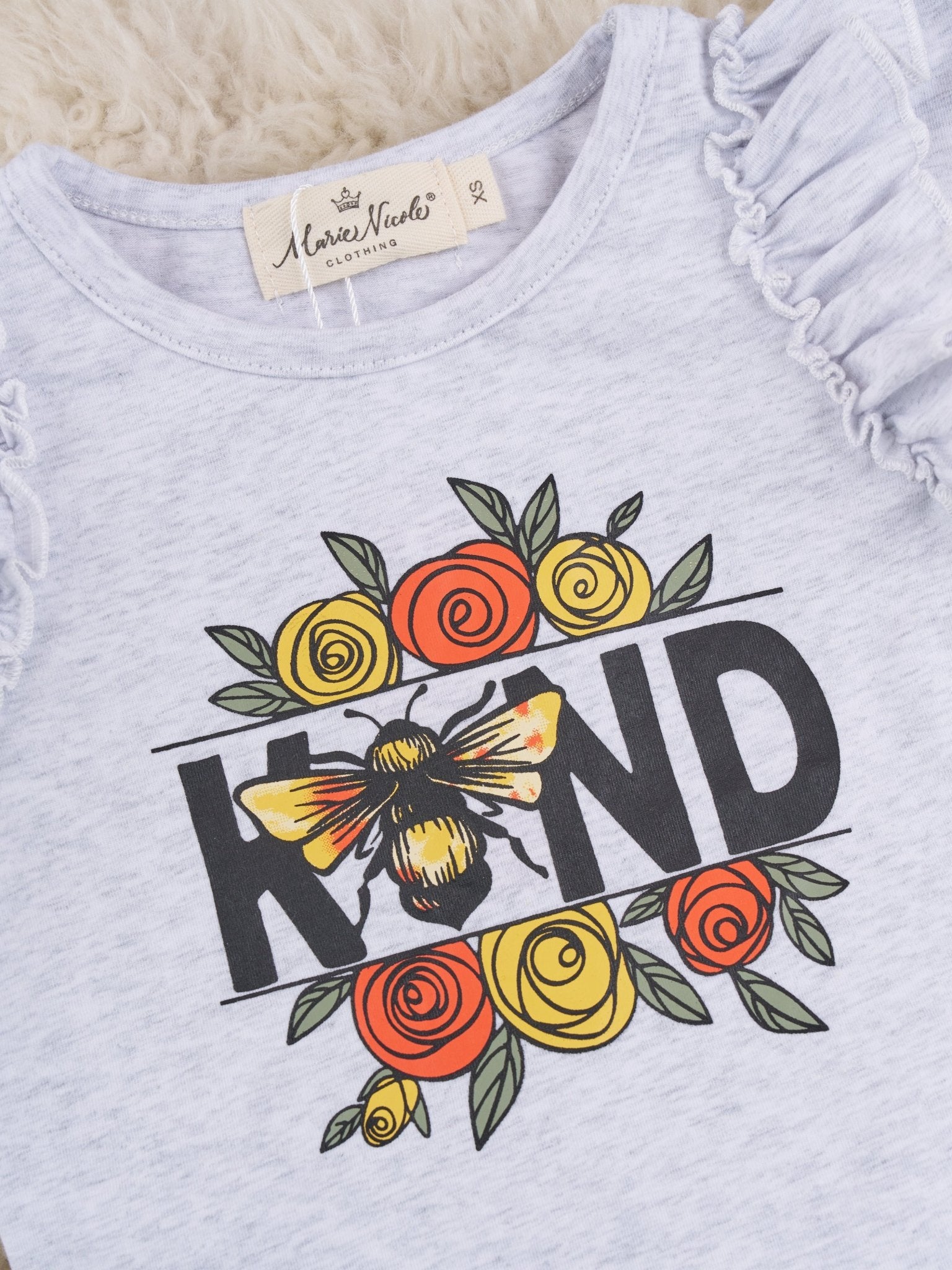 "Kind" Bee Ruffle Top & Denim Shorts Outfit - Marie Nicole Clothing