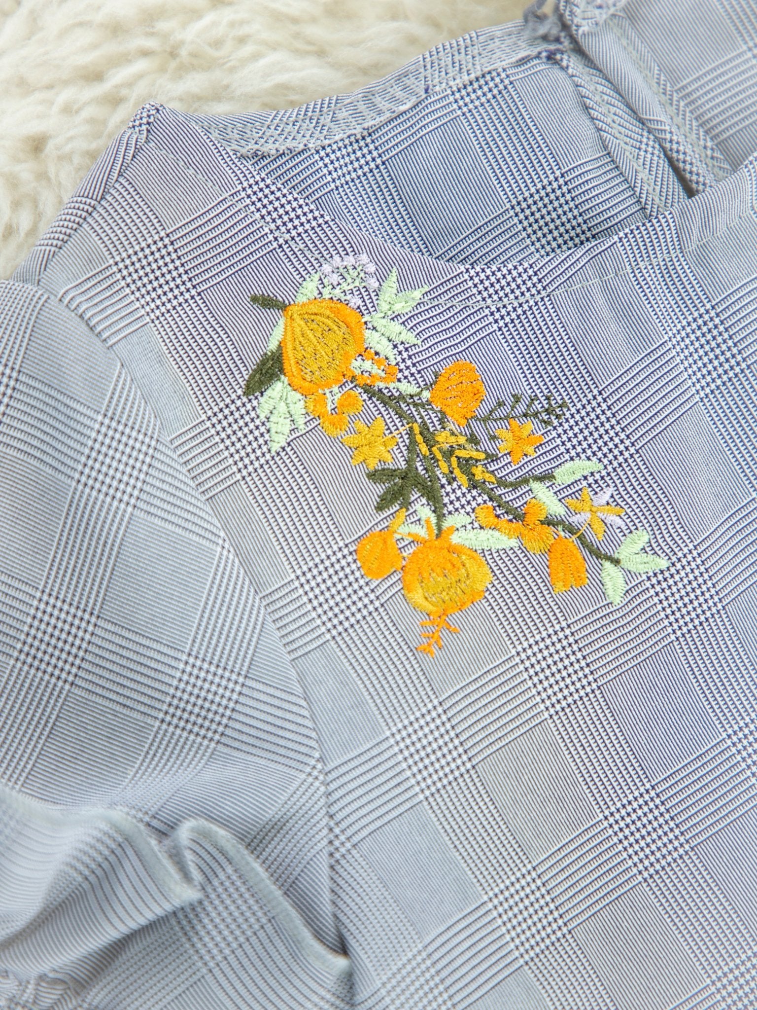 Checked Ruffle Sleeve Dress W/ Embroidered Florals - Marie Nicole Clothing