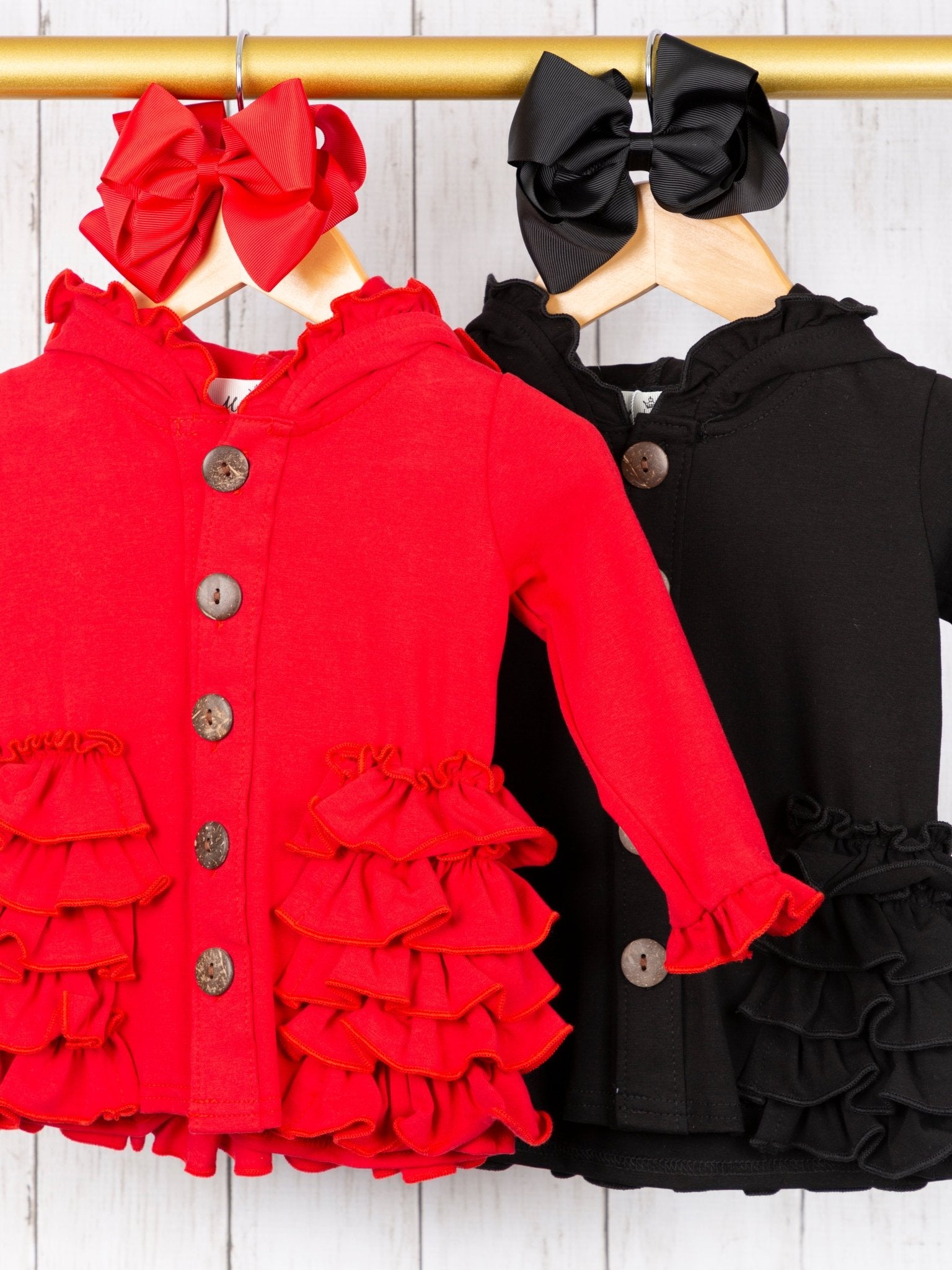 Cotton Ruffle Hooded Cardigan - Black & Red - Marie Nicole Clothing