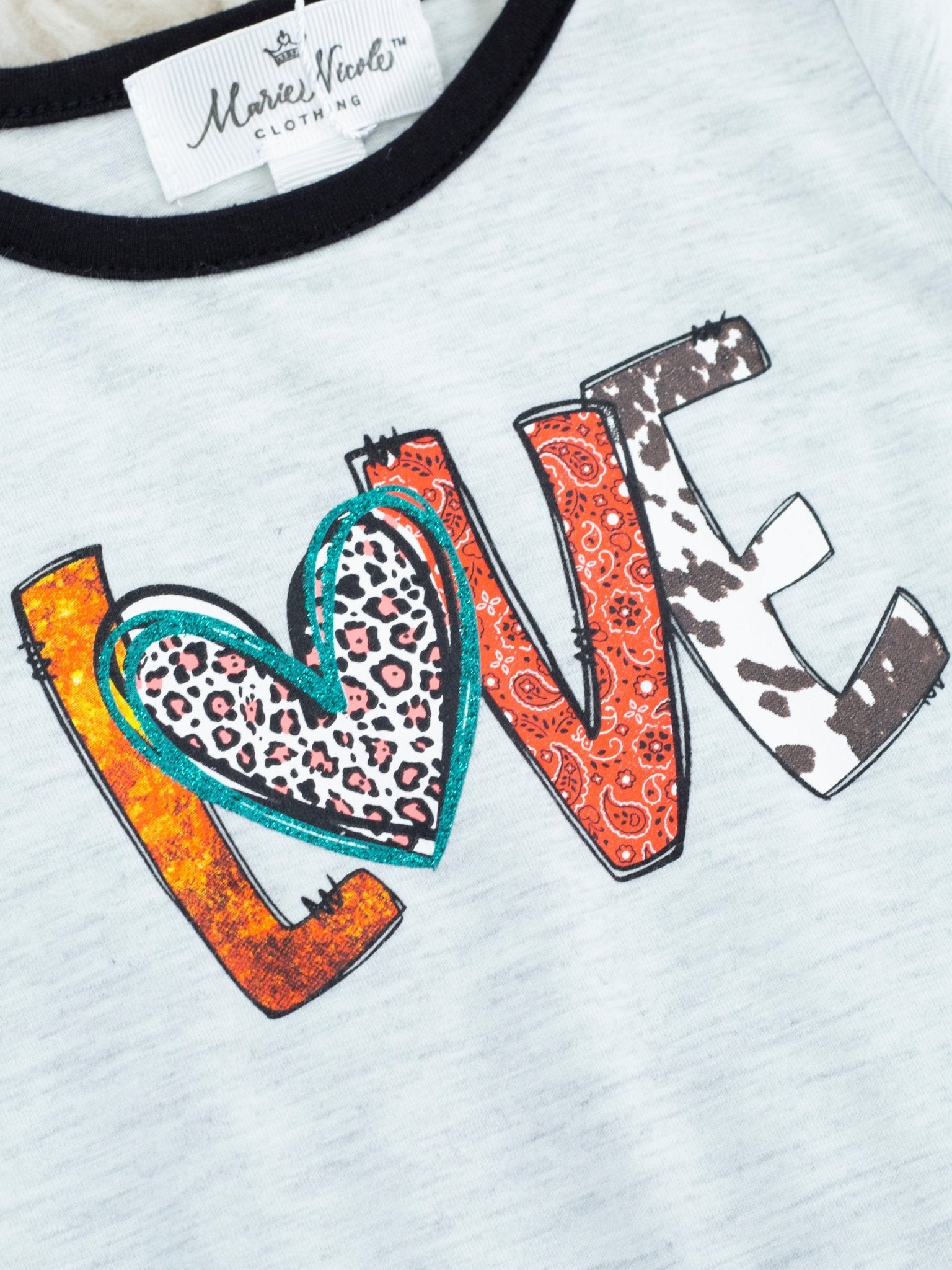 "LOVE" Cow Print Ruffle Romper - Marie Nicole Clothing