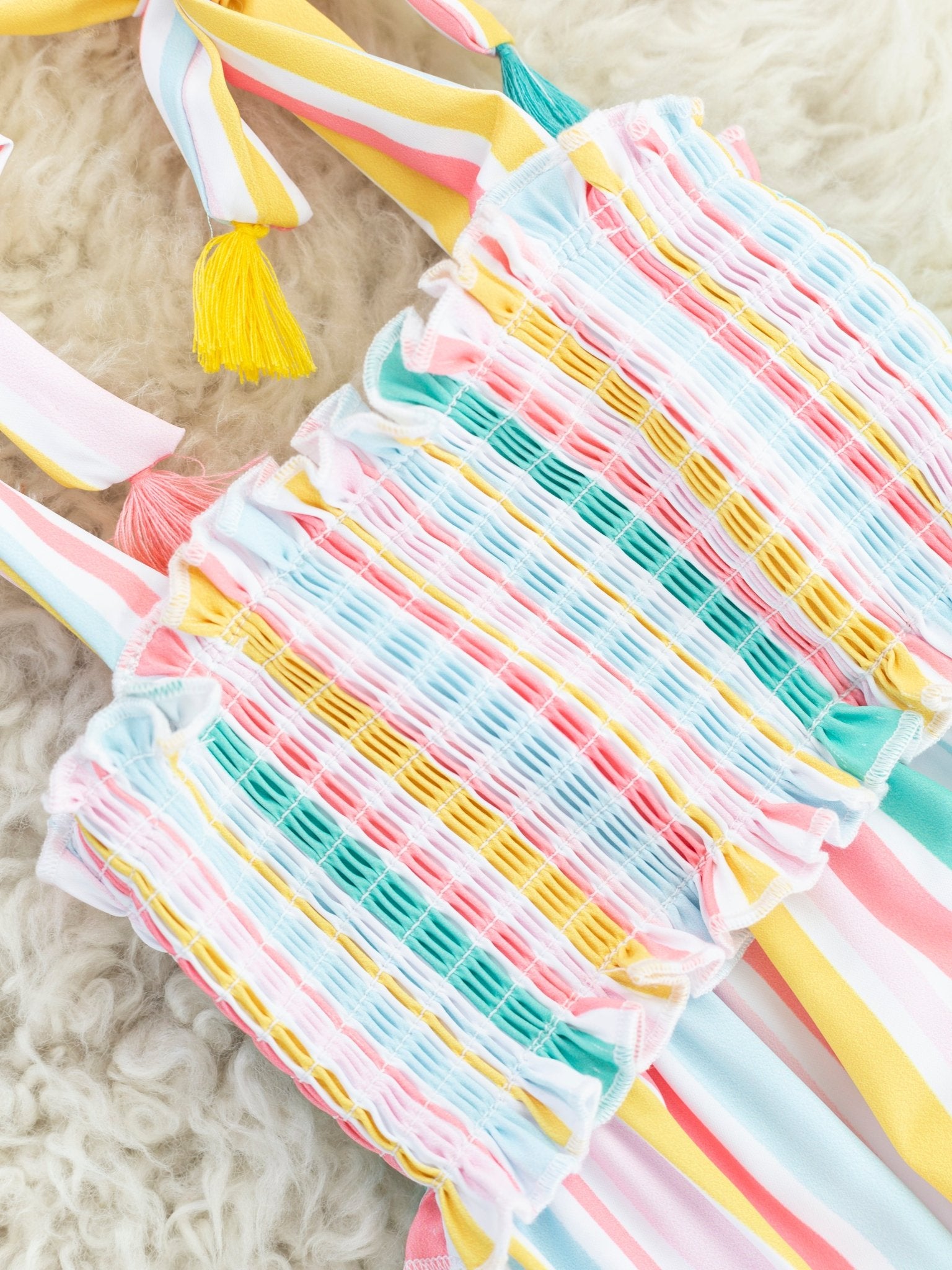 Spring Smocked Striped Tie Bubble Romper - Marie Nicole Clothing