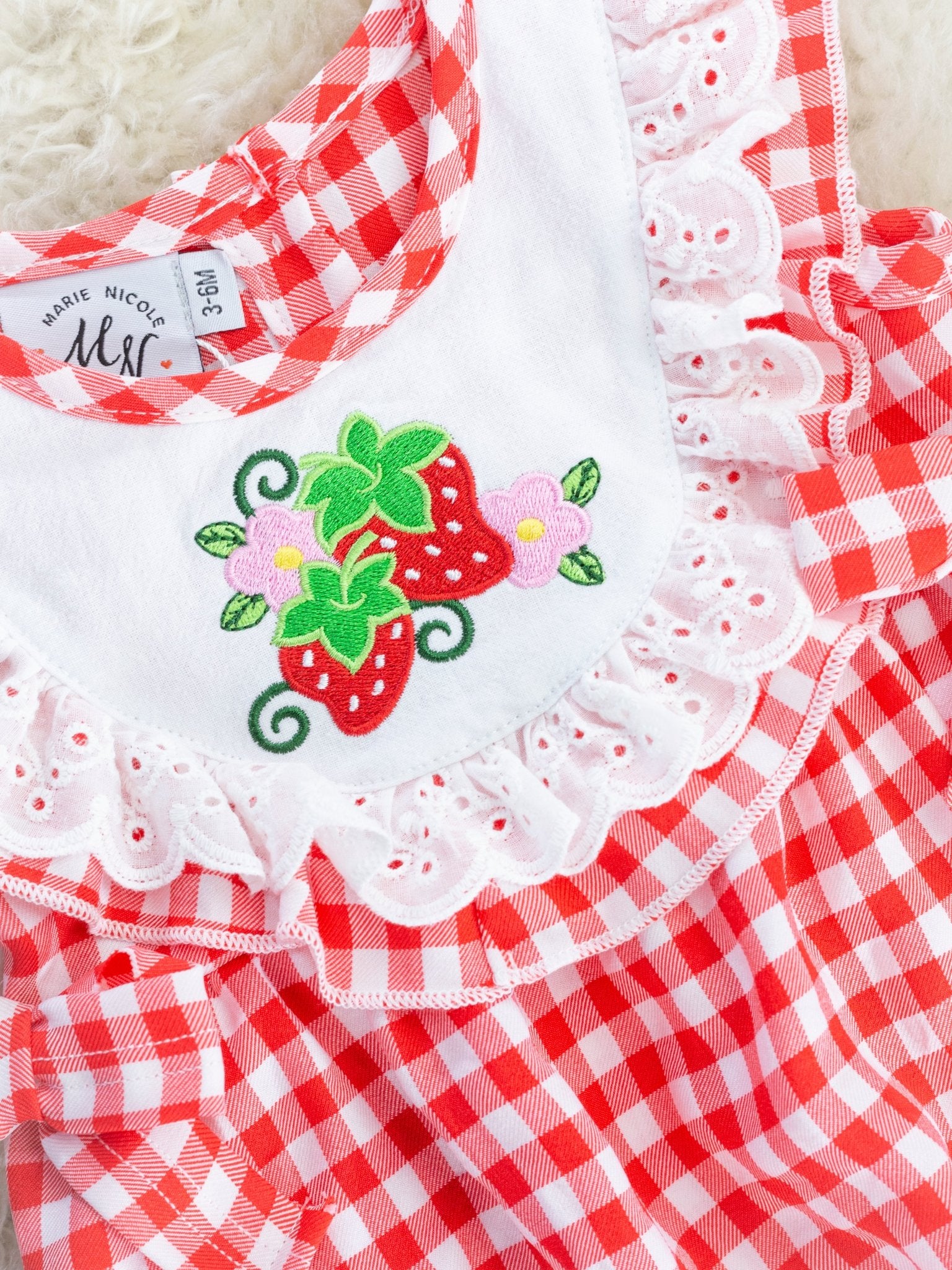 Red Gingham Strawberry Bib Collar Bubble Romper - Marie Nicole Clothing
