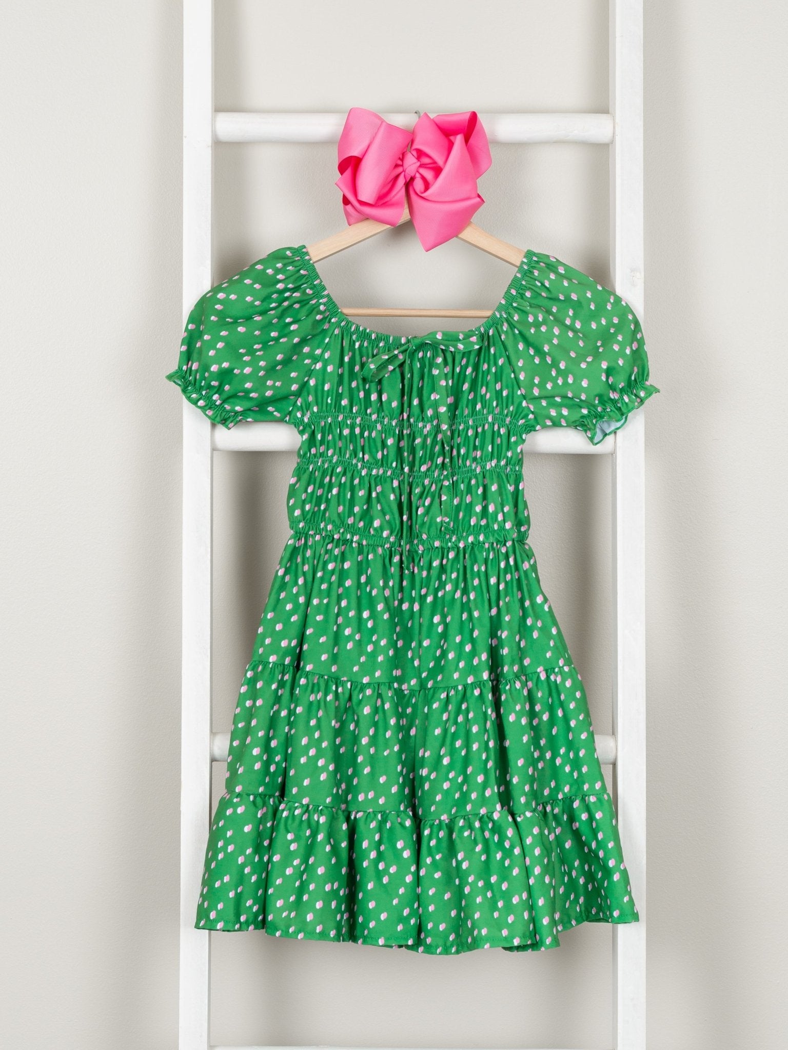 Green Smocked Floral Puff Sleeve Dress - Marie Nicole Clothing