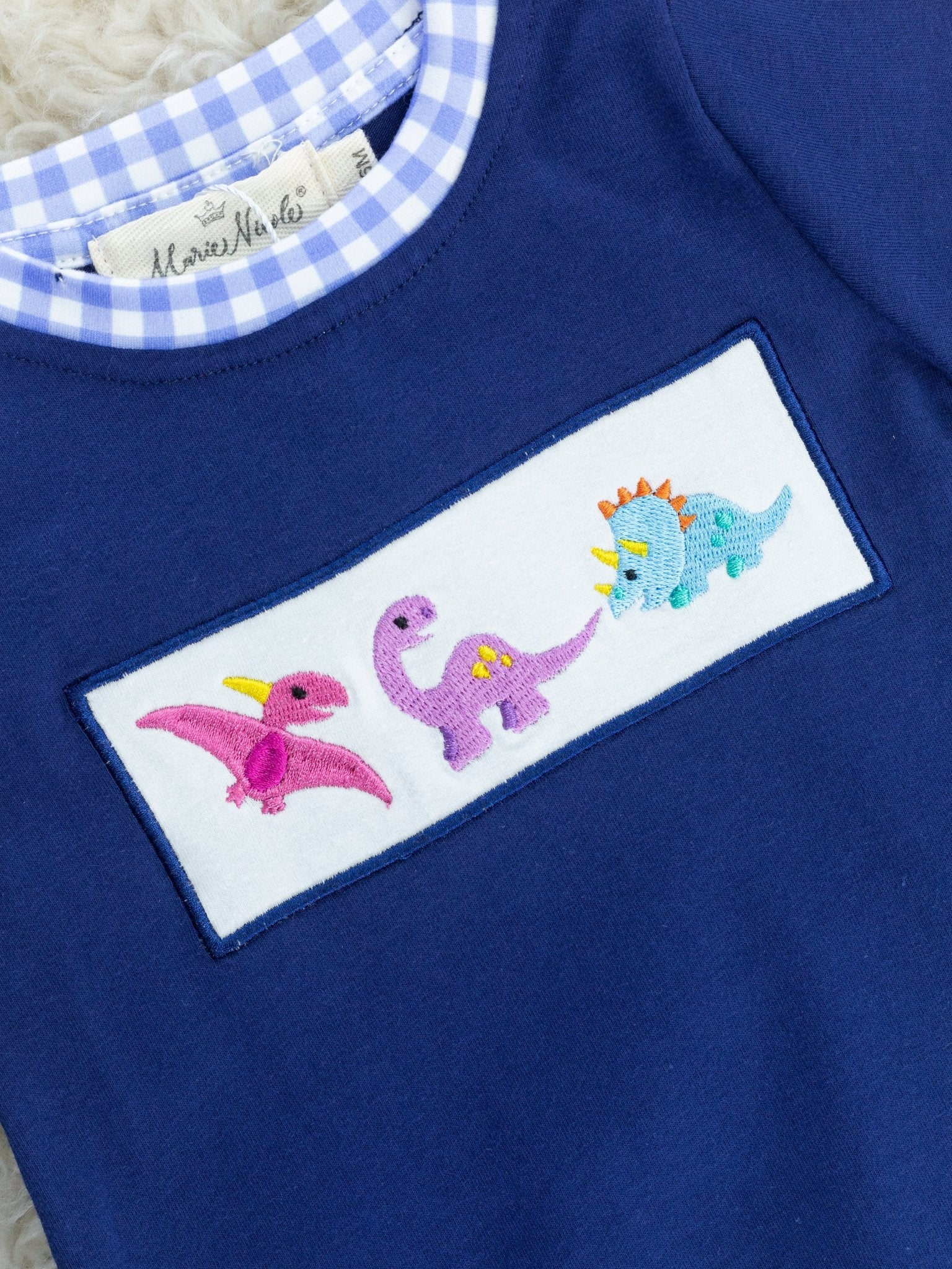 Blue Gingham Dinosaur Romper - Marie Nicole Clothing