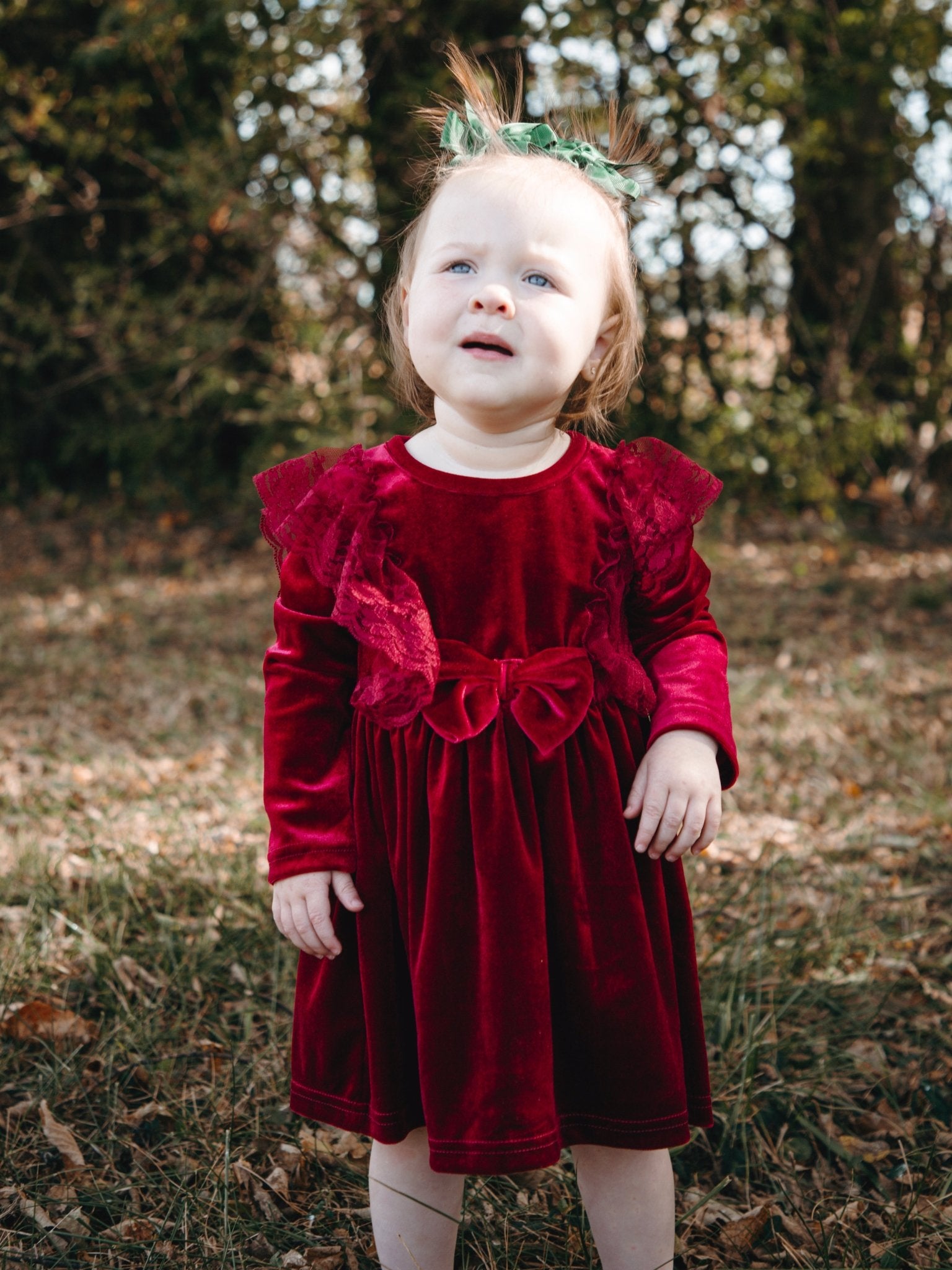Crimson Velvet Bow Lace Dress - Marie Nicole Clothing